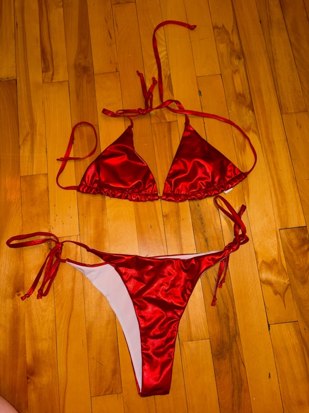 Red Satin Triangle Bikini Set - Women Swim